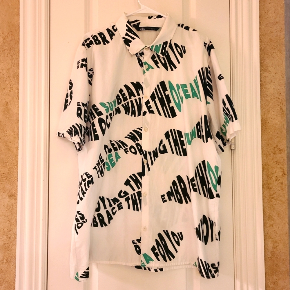 Zara Men's Graffiti Print Button-Down Shirt White, Black And Green Size XL